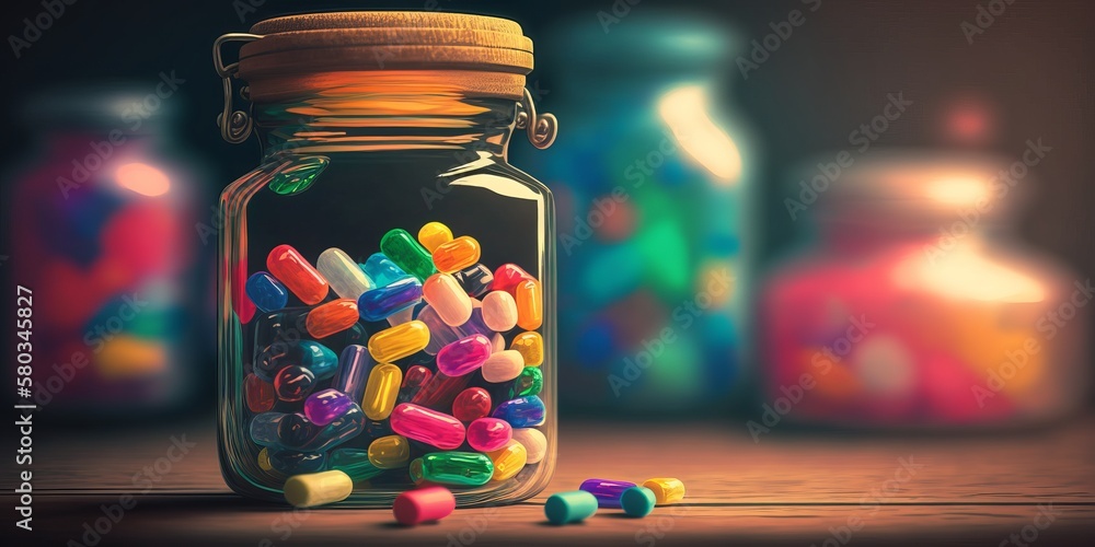 Capsule jar blurred background pills warehouse Generative AI Capsule jar blurred background pills warehouse Generative AI