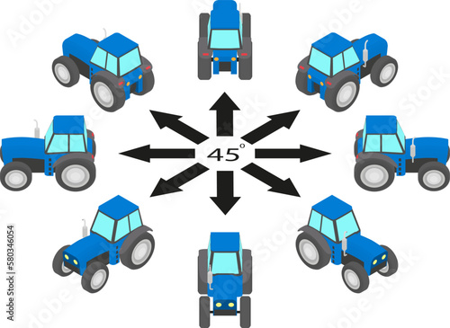 Rotation of blue tractor by 45 degrees. The cab tractors in different angles in isometric view.