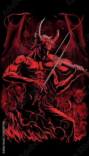 Red devil plays the violin on hell fire, flame. AI generative content photo