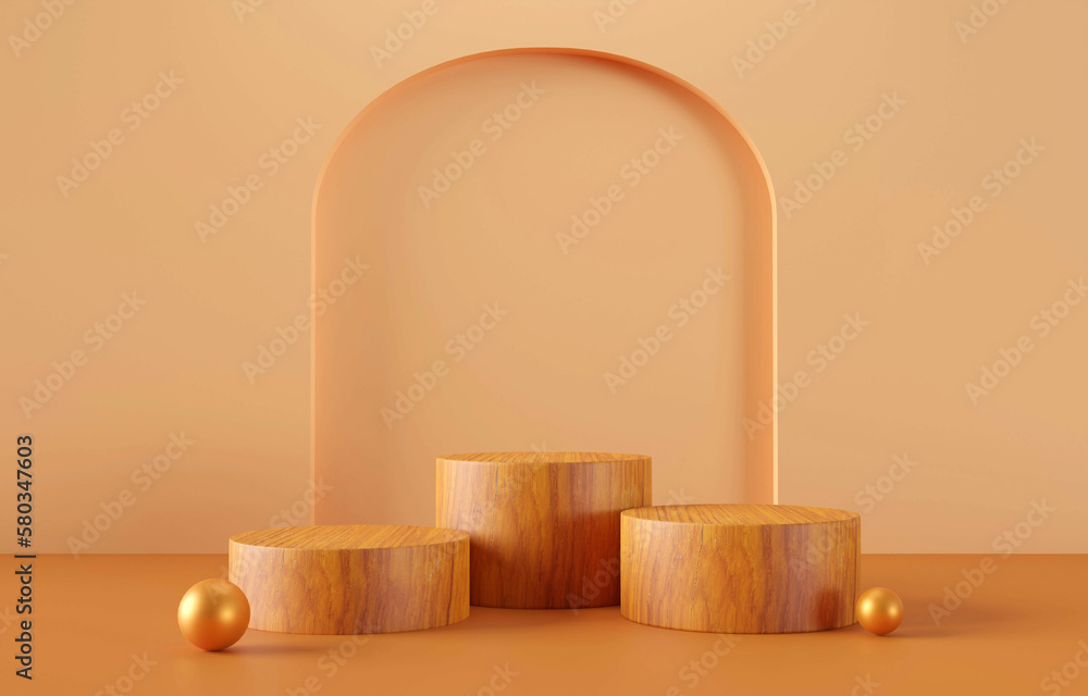 Realistic circle wooden stand.3D display podium on brown background.Geometric platform show cosmetic product.Stage pedestal or platform.Product presentation.3D rendering,illustration Realistic circle wooden stand.3D display podium on brown background.Geometric platform show cosmetic product.Stage pedestal or platform.Product presentation.3D rendering,illustration