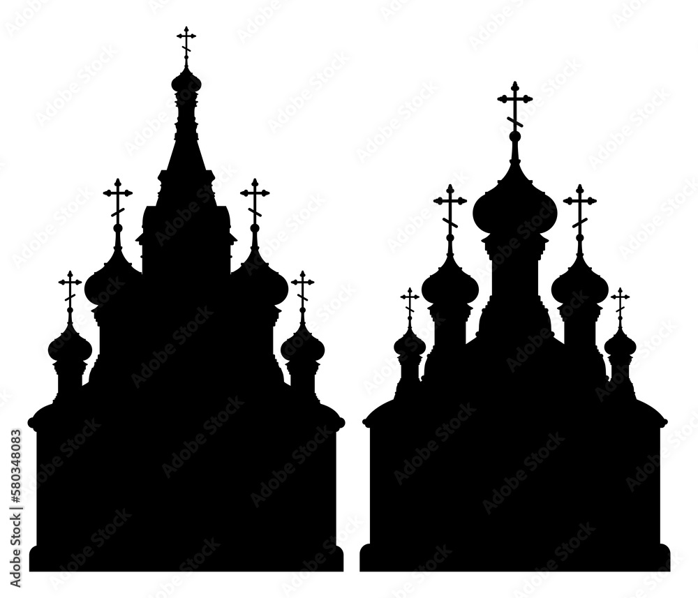 Silhouette of a church with domes. Silhouette of the bell tower.