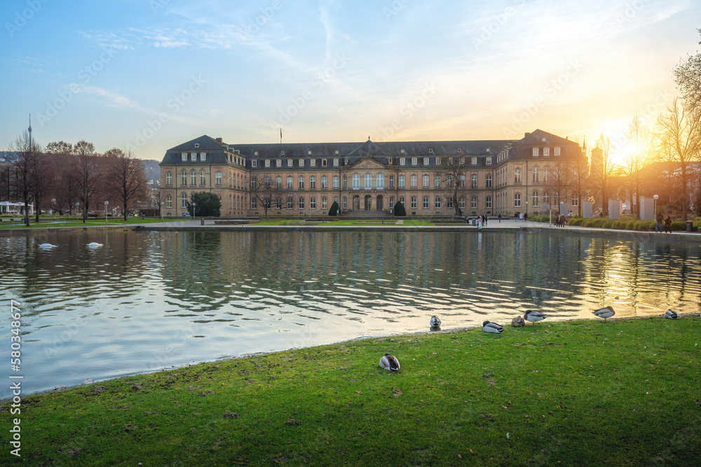 Neues Schloss (New Palace) and Eckensee lake at sunset - Stuttgart ...
