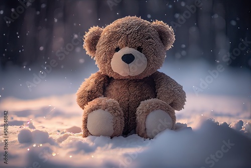The toy bear was left in the winter at the children's playground. A cute brown bear sitting alone on the snow during winter time. Generative Ai © Kowit