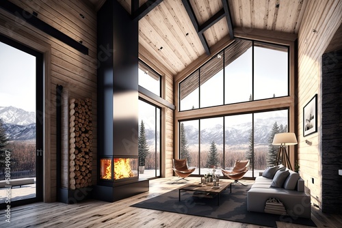 Luxury Mountain Chalet-Style House  Modern Living Room with Fireplace   Stunning Window View. Generative AI