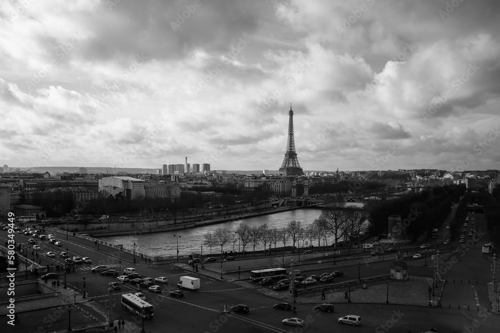 Black and white photo of Romantic quiet Paris city in France
