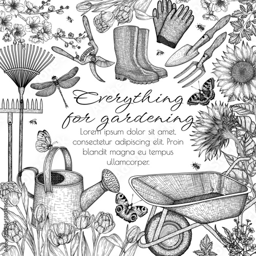 Vector illustration of horticulture. Watering can, garden rake and shovel, rubber boots, household gloves, wheelbarrow, secateurs, tulips, sunflowers, insects, butterflies, bees, dragonfly