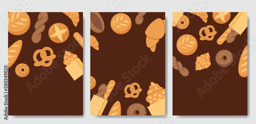 Banner or poster with bakery pastry products - rye, wheat and whole grain bread, french baguette, croissant, bagel, roll, donut, bun, loaf wicker bun flat illustration isolated on background