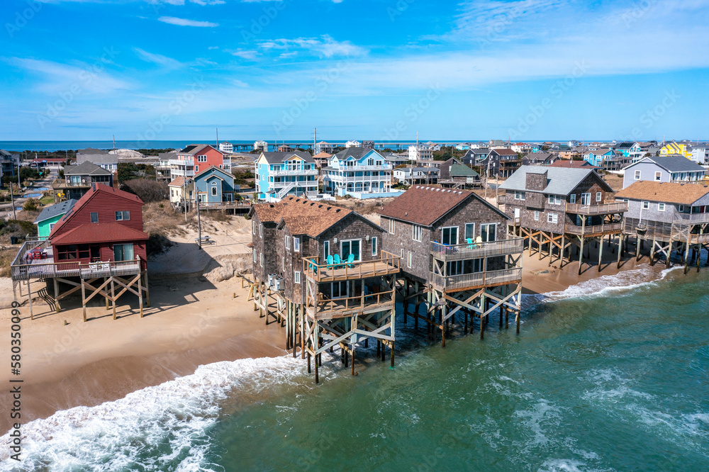 Aerial View of Beach Homes in Rodanthe North Carolina With Pilings in