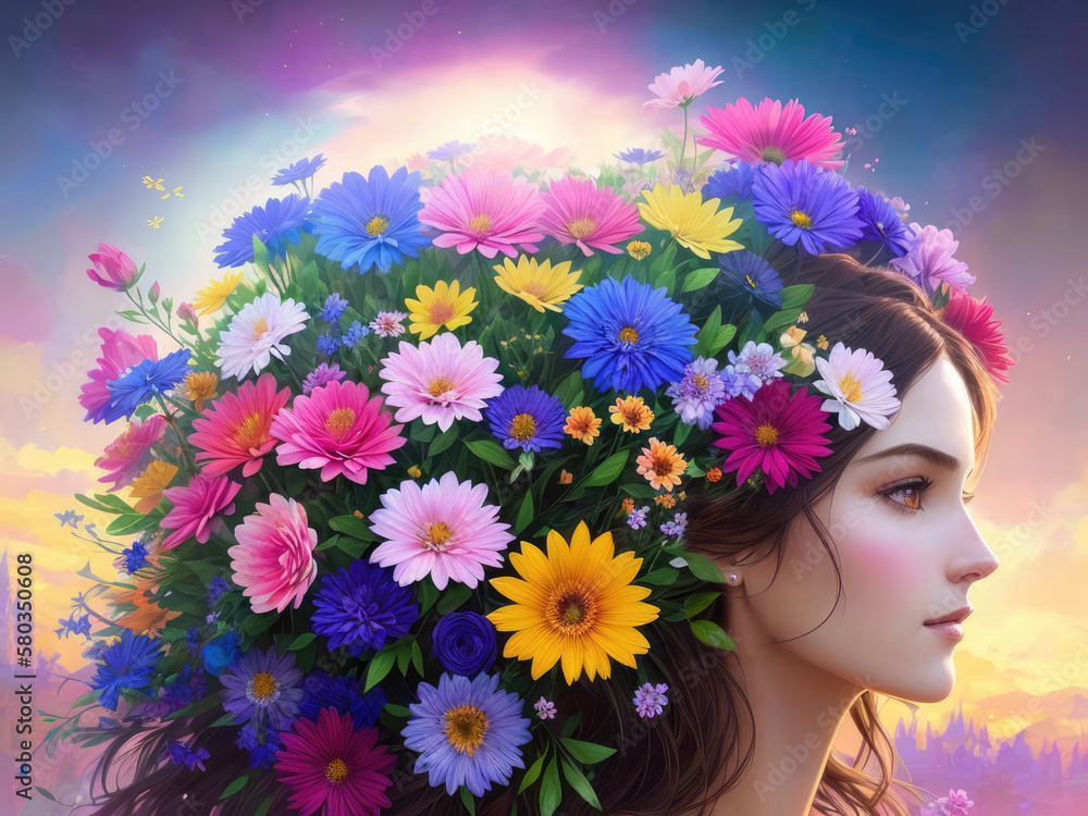 Beauty portrait of young woman with colorful flowers. Generative AI