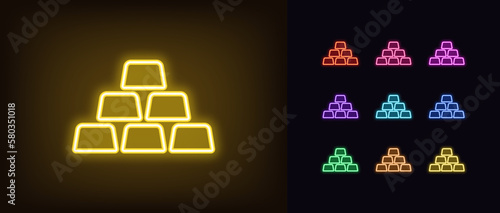 Outline neon golden bars icon set. Glowing neon gold ingot sign, golden bullion stack and pyramid pictogram. Gold reserve, bank golden assets, precious metal market and trade, investment.