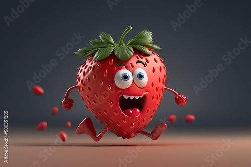 Cute Running Cartoon Strawberry Character (Generative AI)