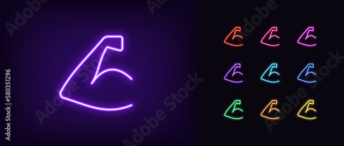 Outline neon strong hand icon set. Glowing neon strong arm sign, biceps and muscle strength pictogram. Flex and hand strength, muscle power, body building, gym and fitness, workout.