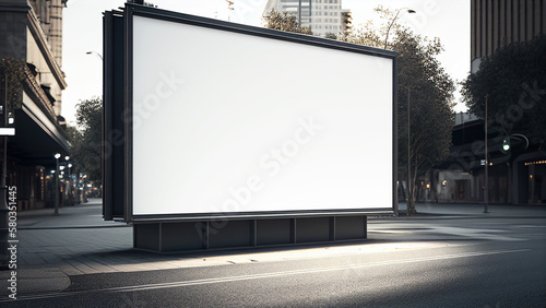 Horizontal blank billboard on city street. White empty poster banner on roadside for mockup. Generative AI