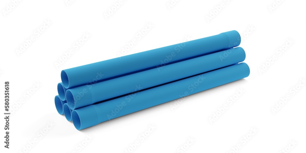 Stack of blue PVC pipes over white background, plumbing, water infrastructure or industry concept