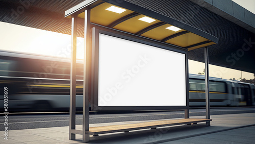 Horizontal blank billboard at train station. White empty poster banner on roadside for mockup. Generative AI