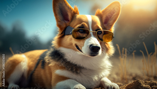 cute dog with sunglass.Generative AI. © ALIF