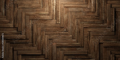 Fototapeta Naklejka Na Ścianę i Meble -  Herringbone pattern warm brown wood boards or planks randomly shifted surface background texture, empty floor or wall hardwood wallpaper