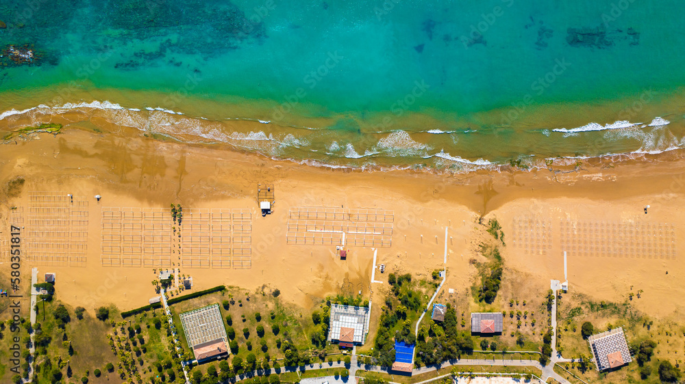 Obraz premium Relaxing aerial beach scene, summer vacation holiday template banner. Waves surf with amazing blue ocean, sea shore, coastline. Perfect aerial drone top view. Peaceful bright beach, seaside
