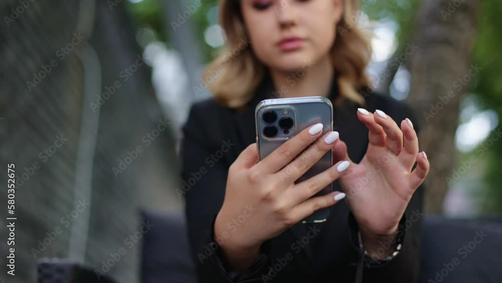 Close up of business woman typing message on mobile phone. Young girl talking on the phone. Close up of young woman's hands using smartphone on sofa outside. Businesswoman, freelancer, student
Close up of business woman typing message on mobile phone. Young girl talking on the phone. Close up of young woman's hands using smartphone on sofa outside. Businesswoman, freelancer, student