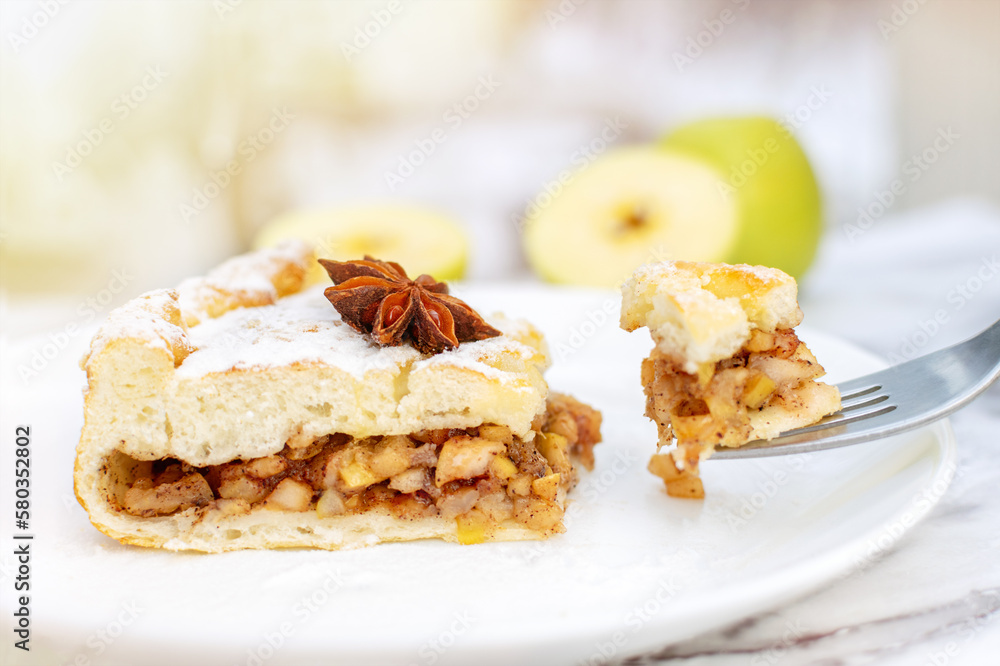 A piece of apple pie with cinnamon on plate, breakfast in a cafe on a sunny morning. Breaks off a part of cake sprinkled with powdered sugar and anise star using a fork. Delicious dessert, pastries. A piece of apple pie with cinnamon on plate, breakfast in a cafe on a sunny morning. Breaks off a part of cake sprinkled with powdered sugar and anise star using a fork. Delicious dessert, pastries.