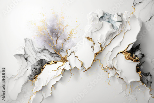 White marble background with gold splashes. AI
