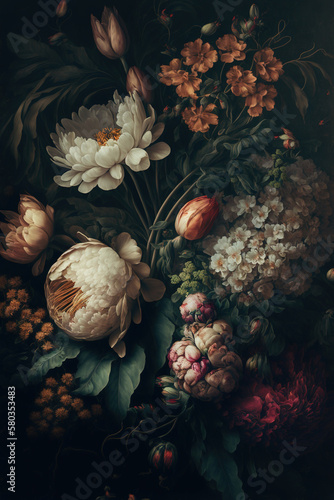 Bouquet of flowers, vintage painting style. Floral backdrop. AI © NadiaArts
