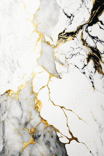 White marble background with gold splashes. AI 