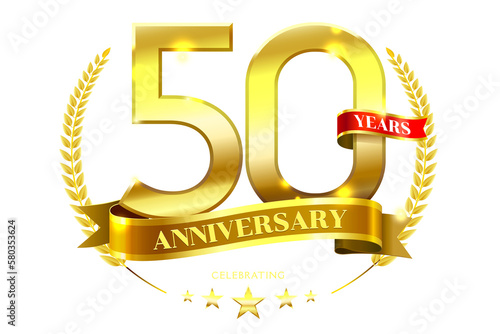 50 Years Anniversary with laurel wreath Golden Ribbon