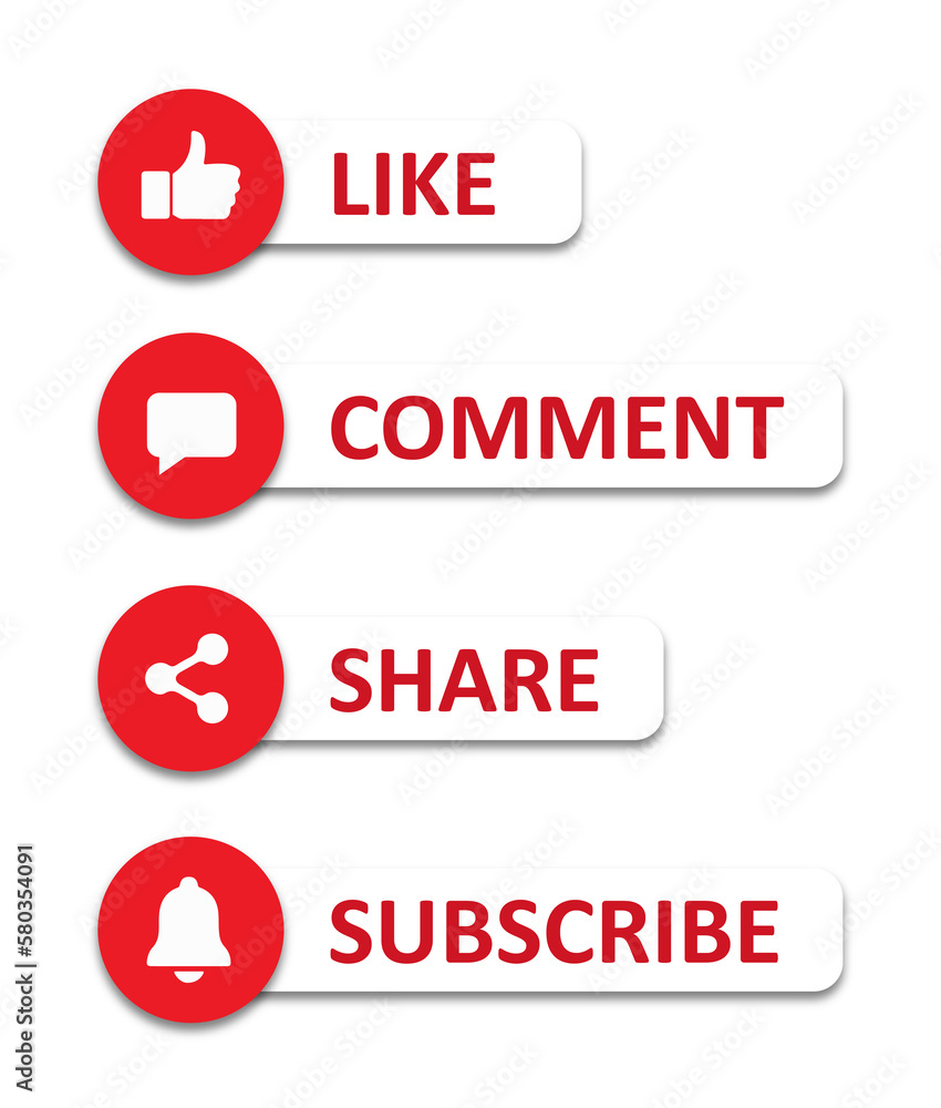 Like comment share subscribe buttons icons, Social media icons set. Like and subscribe button png illustration - obrazy, fototapety, plakaty 