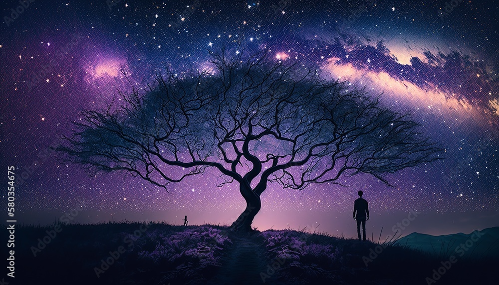 A man standing under a tree , peaceful and relaxing night , ai generated