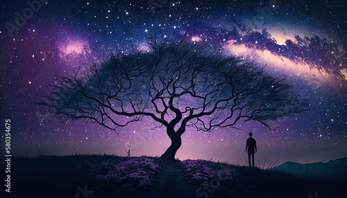 A man standing under a tree , peaceful and relaxing night , ai generated