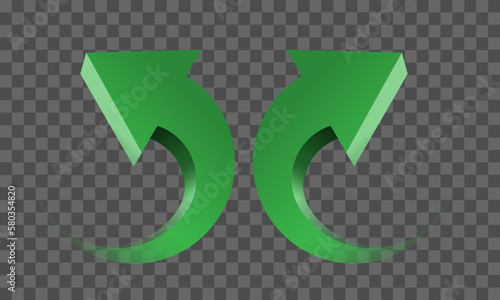 Green twin arrow 3D curve circle direction gradient transparent on checkered background sign symbol vector
