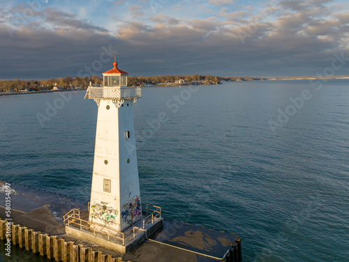 Early winter morning aerial photo of Sodus Point Lighthouse, Sodus, New York. 