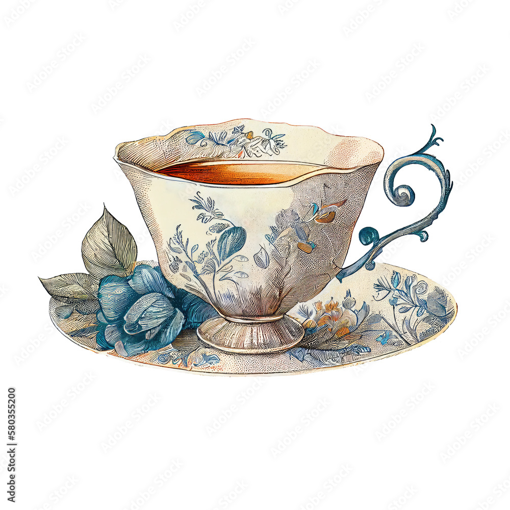 Vintage Teacup Antique Cup of Tea Old Porcelain Isolated on Transparent Background. Generative AI ilustracion de Stock Adobe Stock