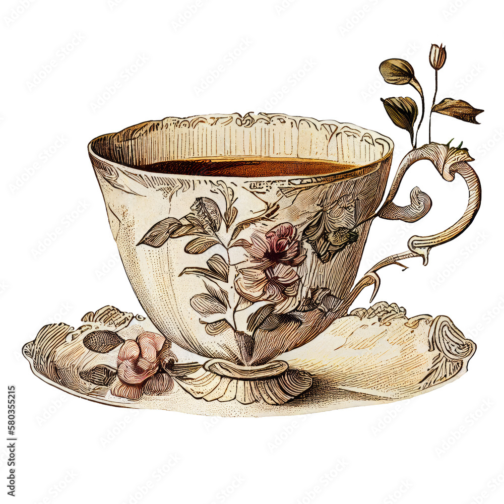 Vintage Teacup, Antique Cup of Tea, Old Porcelain, Isolated on