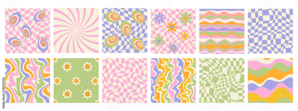 Poster with 70s retro style. Big set of isolated 1970s Retro pattern groovy trippy. Wavy Swirl Pattern. Flowers and psychedelic patterns. Abstract background. Hippie Aesthetic. Vector Illustration Poster with 70s retro style. Big set of isolated 1970s Retro pattern groovy trippy. Wavy Swirl Pattern. Flowers and psychedelic patterns. Abstract background. Hippie Aesthetic. Vector Illustration