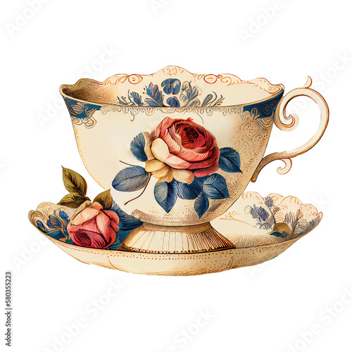 Vintage Teacup, Antique Cup of Tea, Old Porcelain, Isolated on Transparent Background. Generative AI