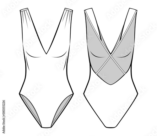 One-piece V-neck bodysuit fashion flat technical drawing template. swimsuit technical fashion Illustration, front, and back view, white, CAD mockup