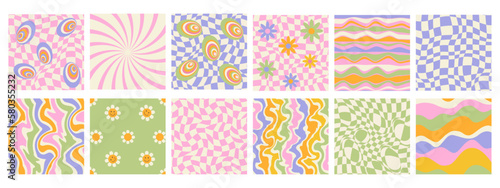 Poster with 70s retro style. Big set of isolated 1970s Retro pattern groovy trippy. Wavy Swirl Pattern. Flowers and psychedelic patterns. Abstract background. Hippie Aesthetic. Vector Illustration