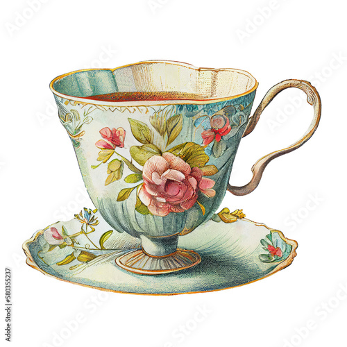 Vintage Teacup, Antique Cup of Tea, Old Porcelain, Isolated on Transparent Background. Generative AI