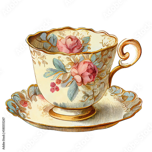 Vintage Teacup, Antique Cup of Tea, Old Porcelain, Isolated on Transparent Background. Generative AI