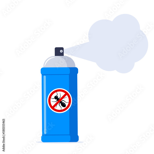 Repellent spray in the blue bottle. Protection from the ant and other insect. Aerosol for bug bite prevention. Black ant silhouette crossed in red circle. Vector illustration.