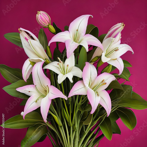 bouquet of colorful lilies on a pink background. Spring concept. ia generated