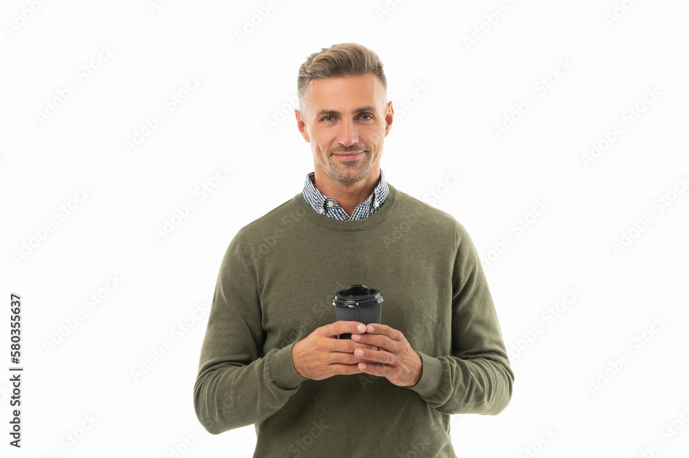 smiling man at coffee break isolated on white. man at coffee break in studio. smiling man at coffee break isolated on white. man at coffee break in studio.