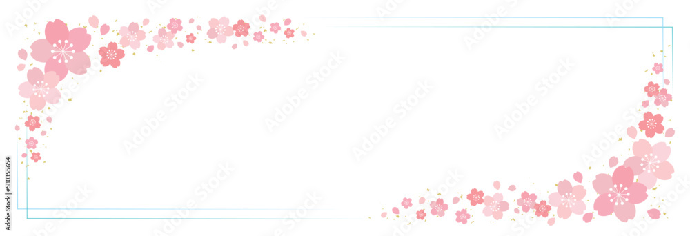 桜の花と細ラインの四角フレーム 背景 バナー/横長・水色 桜の花と細ラインの四角フレーム 背景 バナー/横長・水色