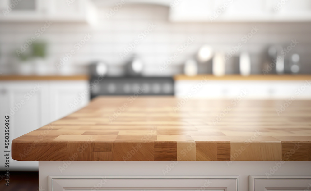 Selective focus.Wood table top counter island and blur kitchen room background.ai generated images Selective focus.Wood table top counter island and blur kitchen room background.ai generated images