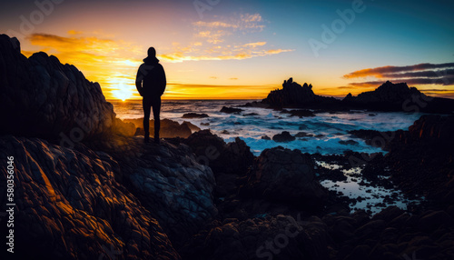 At the Edge of the World: A Silhouette Against a Colorful Sky on a Rocky Shore (created with Generative AI)