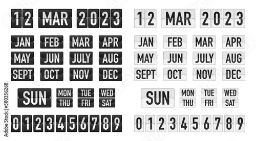 Scoreboard flip font. Vector realistic mechanical scoreboard with months, numbers, day of weeks on panel. Countdown timer for arrival and departure airport signs, web, railway station, date counter.