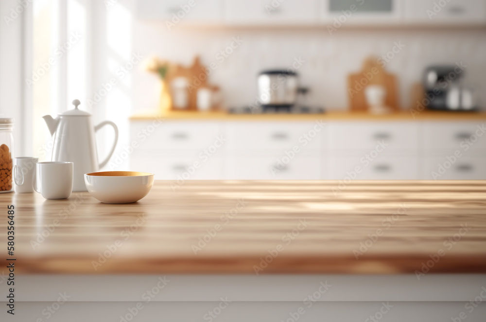 Selective focus.Wood table top counter island and blur kitchen room background.ai generated images Selective focus.Wood table top counter island and blur kitchen room background.ai generated images