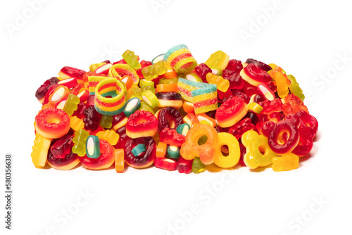 Assorted colorful gummy candies. Top view. Jelly donuts. Jelly bears. Isolated on a white background.